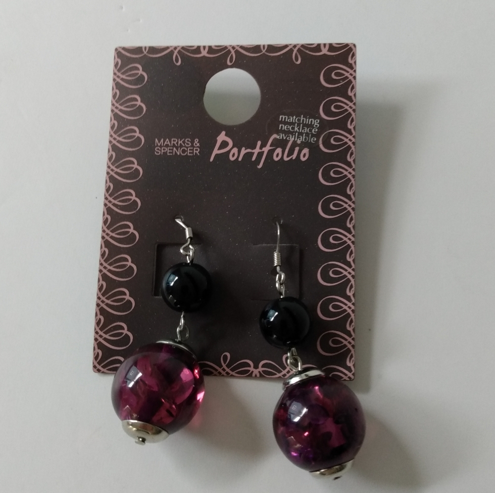 925 Sterling Silver Shepherd Hook Purple and Black Glass Bead Earrings